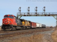 CN 331 pulls out of the North Service track at Paris West with their cars to take to Sarnia.  The power for this days train was CN 2561 and CN 2036.  There aren't many yellow C40-8's floating around the CN system these days so it was nice to see one.