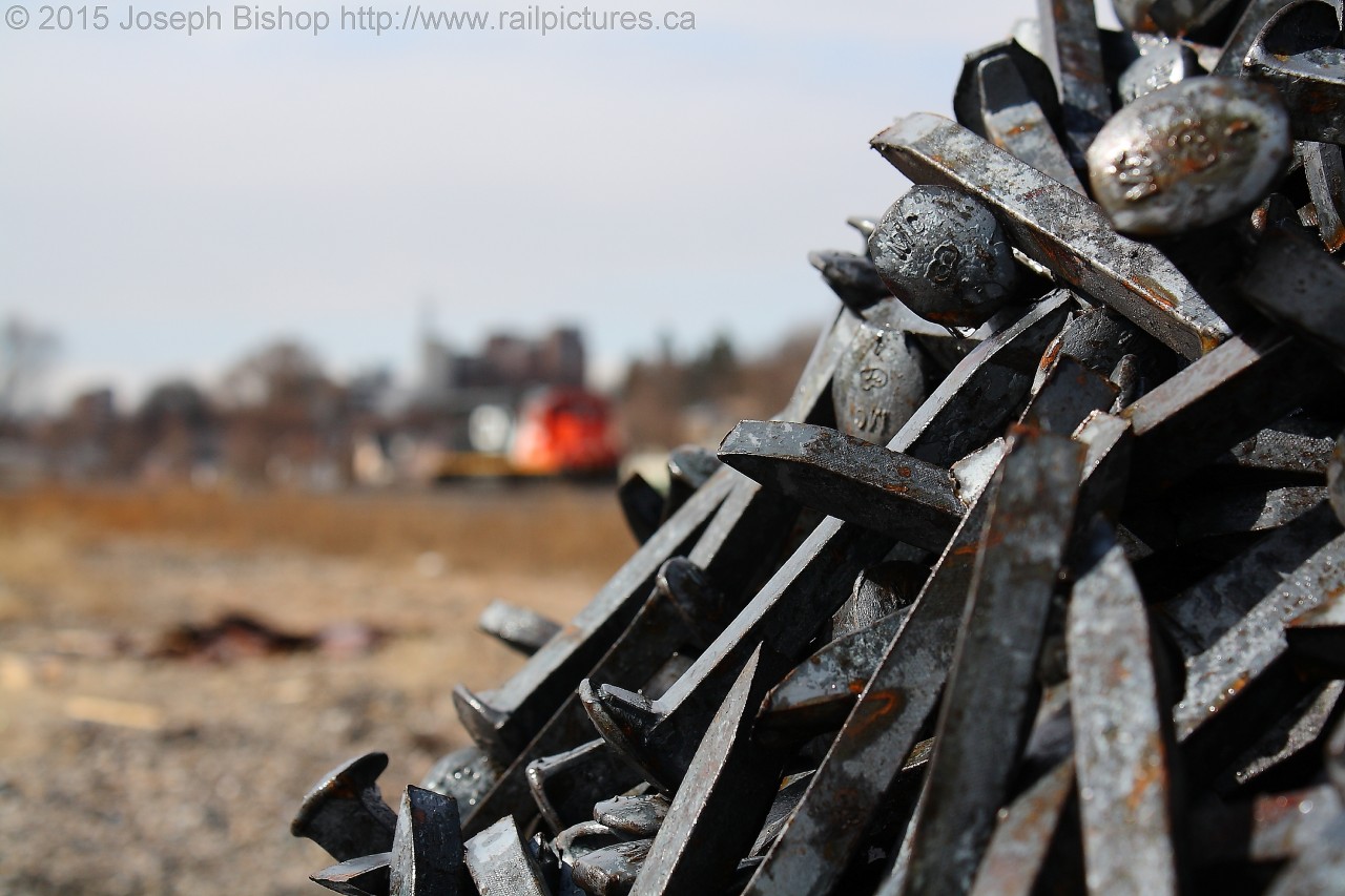 All In The Details   On the second to last day of March, I swung by the yard in Brantford to take some rosters of GTW 4929 which was parked in the West end of the yard.  While walking back to my car, a pile of spikes caught my eye and this was the shot that I produced.  Sometimes a railroad photo doesn't have to feature a train as its main subject.