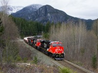 At Green River, almost 10 miles south of Pemberton, the trio continue their pull of 40 cars upgrade. On this day the mountains were getting a nice dusting of snow at higher elevation. 