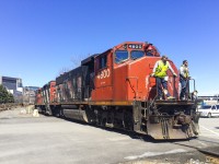 <b>Engline light out of the port.</b> CN 4800 and CN 4134 leave the port of Montreal engine light. 