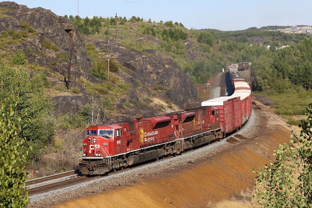 These two SD9043MACs were working pretty hard as they pulled their train out of Sudbury.  I'd been able to hear this train coming for some time before it appeared around the bend.