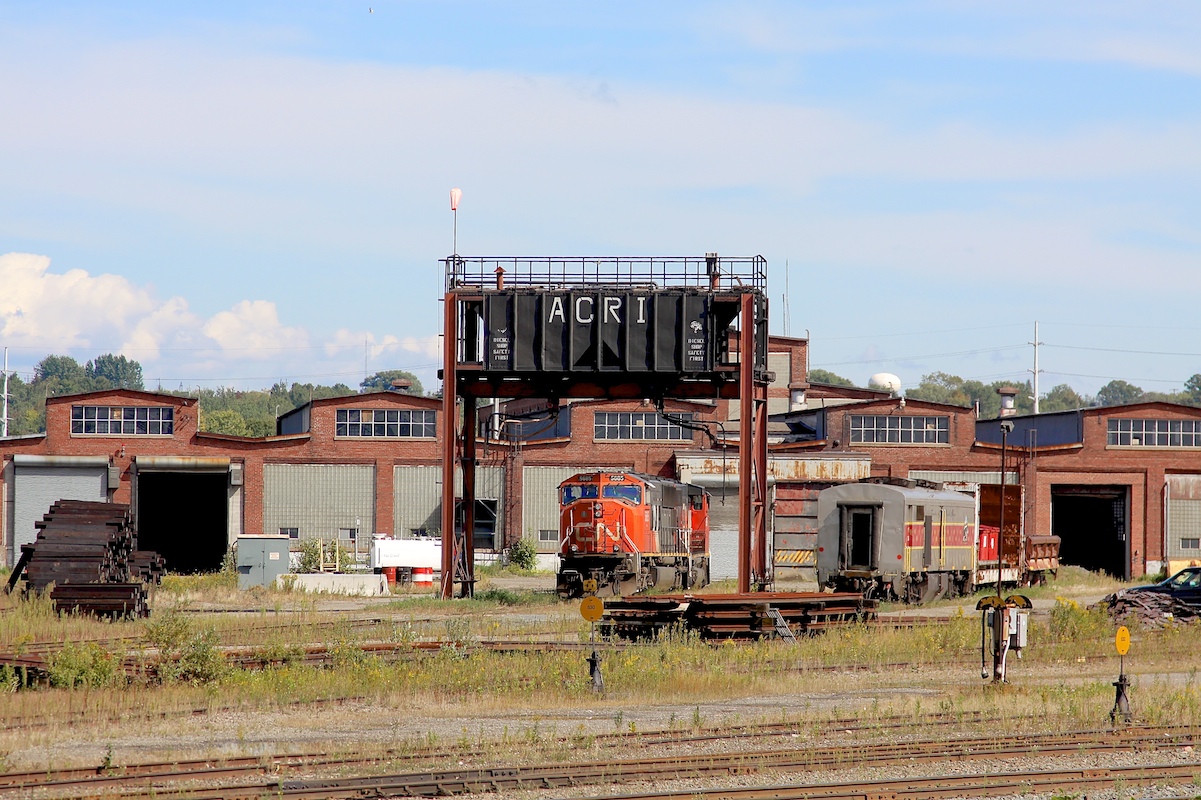 CN 5685 sits outside the shop in Steelton Yard awaiting her next assignment.  From what I've read, the sand tower (built from an old hopper) was installed when Wisconsin Central was in charge.