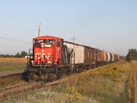 While waiting in Fargo to catch 438, I heard the distant sound of a locomotive horn coming from the direction of Chatham. It was a pleasant surprise to see a GMD-1u leading this local enroute to Blenheim. 