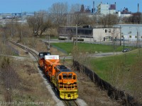 A locomotive to match Hydro One's Schabel, HEPX 200, heading to Federal Marine Terminals dock at Hamilton to load a 296,000 KG transformer, D9R in railway speak. A ship called "Pantanal" loaded the transformer at Yokohama, Japan, sailing to Hamilton arriving on April 20. The transformer was unloaded on the 20th and sat at dock awaiting clearance and a plan from SOR and CN to move it to Pickering for the the final 100 miles. Cam Applegath recently uploaded a photo from the Pickering spur of CN L350 on the final leg of the journey.<a href=http://www.railpictures.ca/?attachment_id=18839 target=_blank>here</a>