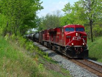 Finally some spring greenery to brighten up some winter beaten landscapes. CP 8869 leads CP 8878 with a load of MT tankers out of Puslinch up to MM 43.