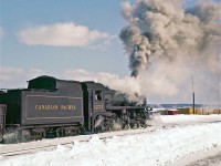 It looks like a chilly winter's day in Pembroke - the polar opposite to last week's Rosamond upload here on RPca.  
<br />
<br />
The engineer is seen in this image looking directly at Del - perhaps wondering why he is taking pictures of an old steam locomotive.  The location is the lumber yard of the Consolidated Paper Corporation.   It was immediately across the tracks from the CPR stone station.  The satellite image now shows just a few town-homes and some open fields.
<br />
<br />
The water tower which held the supply for the local steam trains is still in use today.  It sits at the corner of John Street and Nelson Street.  On the side of this tower is a huge mural featuring the long-gone station and this very locomotive, #1223.  
<br />
<br />
Del's sister, Gloria, tells me that the interior of the station featured beautiful wood.  Before the station was finally torn down, the wood was purchased by a local school teacher and used in her Quebec cottage.