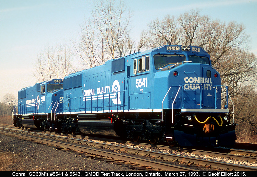 Conrail SD60M's #5541 and 5543 are being put through their paces on the GM Diesel Division Test Track in London, Ontario back on March 27, 1993.  Always had to pay a visit to the test track as you never knew what you'd see.  Sometimes you'd get lucky and other times nothing would be moving, but it was still a 'manditory' swing by the GMDD plant to see what was going on.