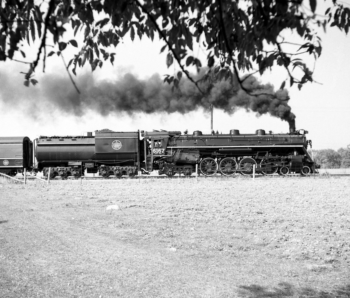CNR 4-8-4 Northern 6167 is under steam on a UCRS excursion to Picton, on August 26th 1962. This was a great trip, starting from Toronto to Belleville, then Belleville to Trenton Junction, turning south on the Picton Sub for the 30 mile trip to Picton with four run-pasts. Two GP9 units, 4459 & 4472, pulled us backwards to Trenton where we left making a high speed run back to Toronto.

Note: geotagged location not exact.