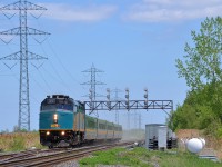 <b>Formerly known as VIA 6403.</b> VIA 6459 (ex-VIA 6403) roars through Coteau Ouest on CN's Kingston sub with 5 LRC cars in tow. Canada's new $10 bill features VIA 6403 and apparently VIA didn't want to take the chance of the real 6403 ending up in an accident.