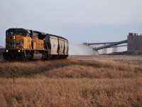 Union Pacific SD90/43Mac 3646 with CP crew on board builds a 170 car canpotex train at the Mosaic mine east of Colonsay Sk on CP's Sutherland Subdivision. This unit and two others including another UP mac which will be leading the train eastbound. 