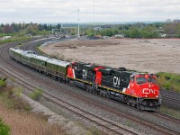 An eastbound company business train chock full of company officials including CEO Claude Mongeau heads east to Montreal behind a pair of recently washed ES44DC's.