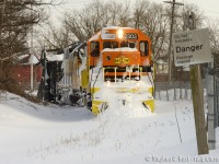<b>Brrr..</b> For those who enjoyed the <a href=http://www.railpictures.ca/?attachment_id=19133 target=_blank> garden railway scene </a> - looking the other direction a couple winters ago, this Plow extra has ran to Guelph to wye and run back to Stratford. You can barely tell there is a right of way, save for the old CN no tresspassing sign.<br><br>
This track was used not only by  RDC's to Palmerston, Southampton and Kinkardine from Toronto, but by unit oil trains from Montreal to Douglas Point (150 rail miles from Guelph). If only one could turn back time :) If anyone viewing this has some classic photos from the past - please consider sharing here :) Cheers.