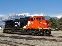 Former LMSX C40-8W 731, now wearing a fresh coat of CN paint and operating as IC C40-8W 2458 idles on the shop track in Jasper. Along with the fresh paint, this unit is now also capable of Distributed Power operations.