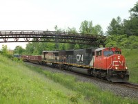 Just before the sky let loose and thunder and lightning chased me away, CN 5772 leads a very dirty BC Rail 4616 under the Glencairn GC walking bridge just before MM30.