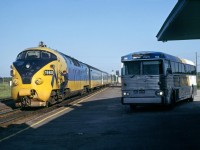 The Ontario Northland provided a variety of transportation services for the province. they had buses, trucks, and of course trains.  I was riding this day with a group of non railfan friends and had come in from Cochrane on the bus to transfer onto the train from Timmins to get down to North Bay.  The ONR bought 4 Trans Europe Express trainsets in 1977.  This one was wrecked in 1989 and scrapped..  The location is Porquis Jct where the line from Timmons joined with the line from Cochrane to go south to North Bay. July 29, 1979