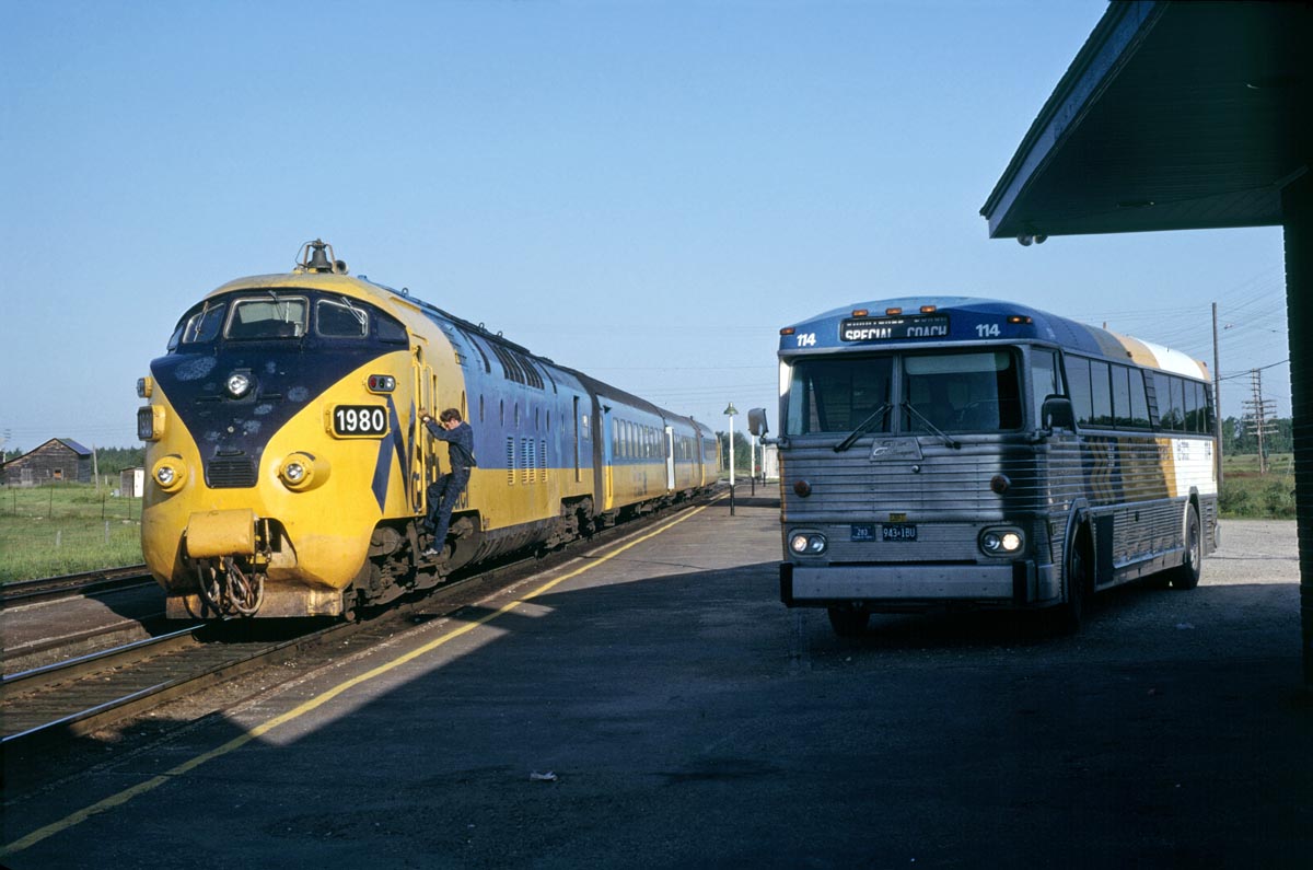 The Ontario Northland provided a variety of transportation services for the province. they had buses, trucks, and of course trains.  I was riding this day with a group of non railfan friends and had come in from Cochrane on the bus to transfer onto the train from Timmins to get down to North Bay.  The ONR bought 4 Trans Europe Express trainsets in 1977.  This one was wrecked in 1989 and scrapped..  The location is Porquis Jct where the line from Timmons joined with the line from Cochrane to go south to North Bay. July 29, 1979