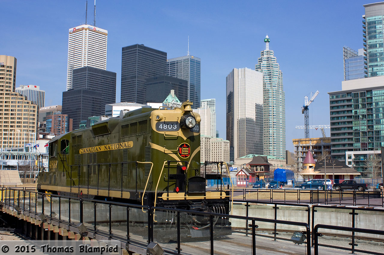 Sitting on the turntable at the Toronto Railway Museum, 4803 is dwarfed by the ever-changing skyline of downtown Toronto. In the background, the distinctive green roof of Union Station is visible. Today, the view is blocked by a new hotel.