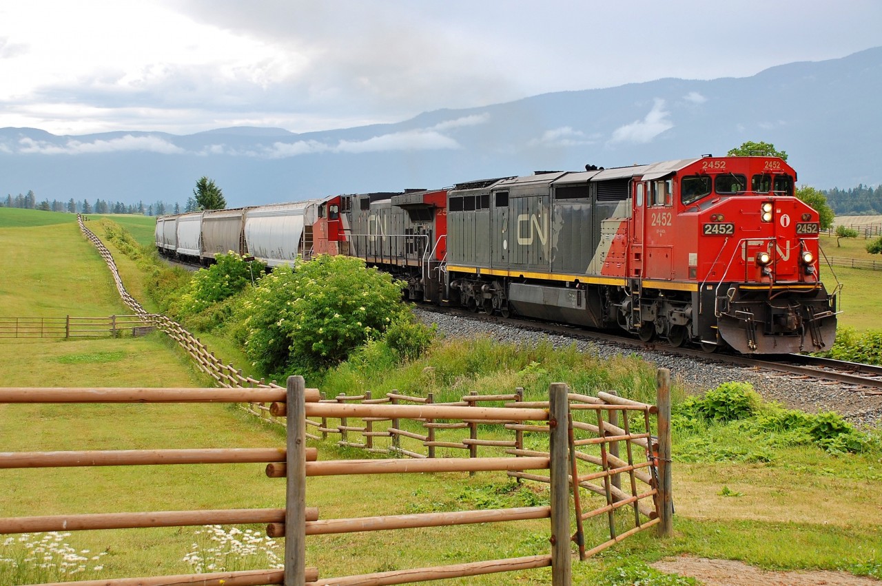 CN nos.2452 & 2561 are climbing out of Armstrong in charge of a northbound freight.