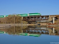 One of the nicest places to watch trains in the Toronto area is certainly the Rouge Park. Here, an eastbound GO train crosses the Rouge River estuary early on a spring morning.