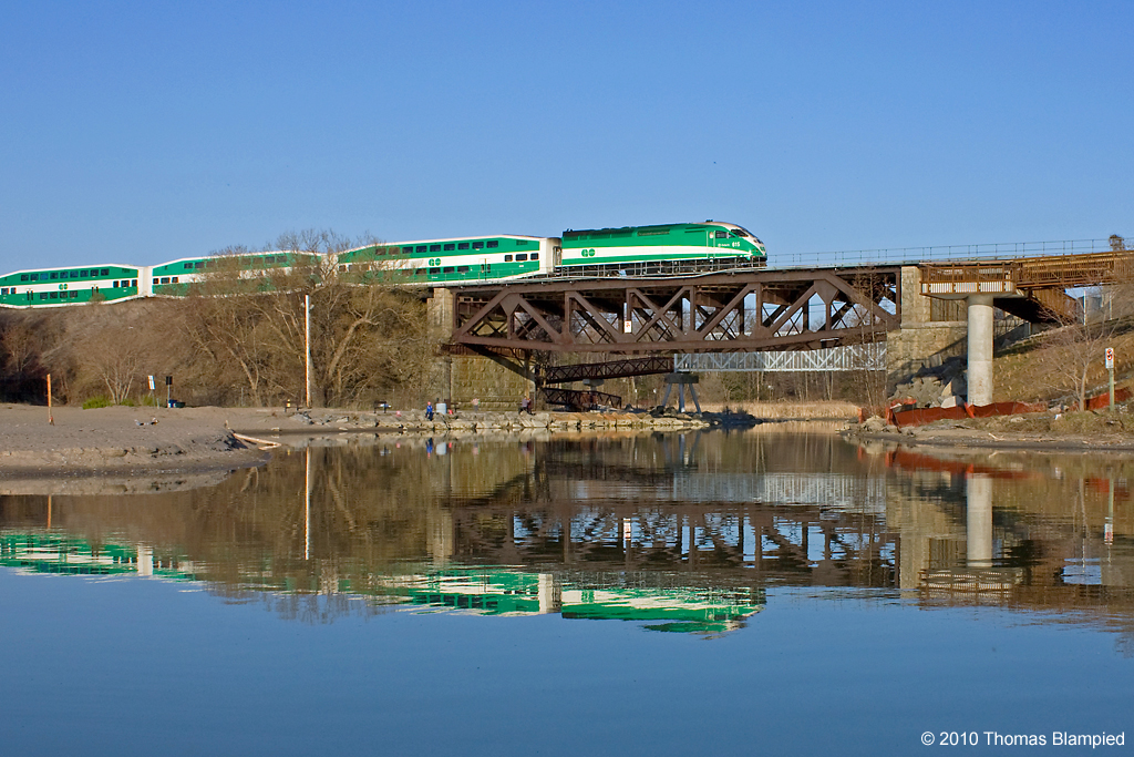 One of the nicest places to watch trains in the Toronto area is certainly the Rouge Park. Here, an eastbound GO train crosses the Rouge River estuary early on a spring morning.