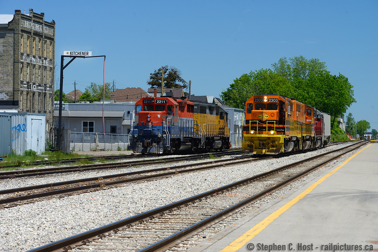 For the GEXR and G&W fans - Train 518 (Stratford road switcher) has ran to Kitchener, and will take this lone car to switch a customer at New Hamburg. Once completed, 518 ran back to Kitchener, grabbing some empty autoracks which just arrived from Toronto on train 431, for a direct connection to the CP interchange at South Junction (near Cambridge).

One can see the new Kitchener station name sign on top of the sand tower - the sign was briefly located at the freight shed in 2014 (Rob Smith photo here) , only to be removed a month or two later.