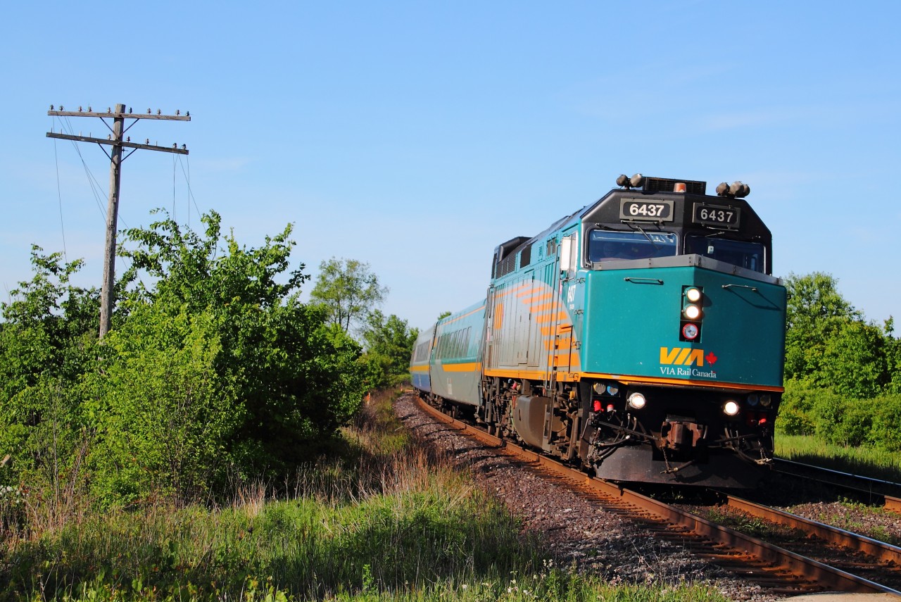 After work on Wednesday I saw that CN 231 and Via 83 were both climbing the Dundas Sub on the North track with CN 330 on the South.  The light was nice so I headed out to Powerline Road for a couple shots, here is my shot of 83 just about to cross Powerline Road with Via 6437 in charge of 5 LRC coaches.