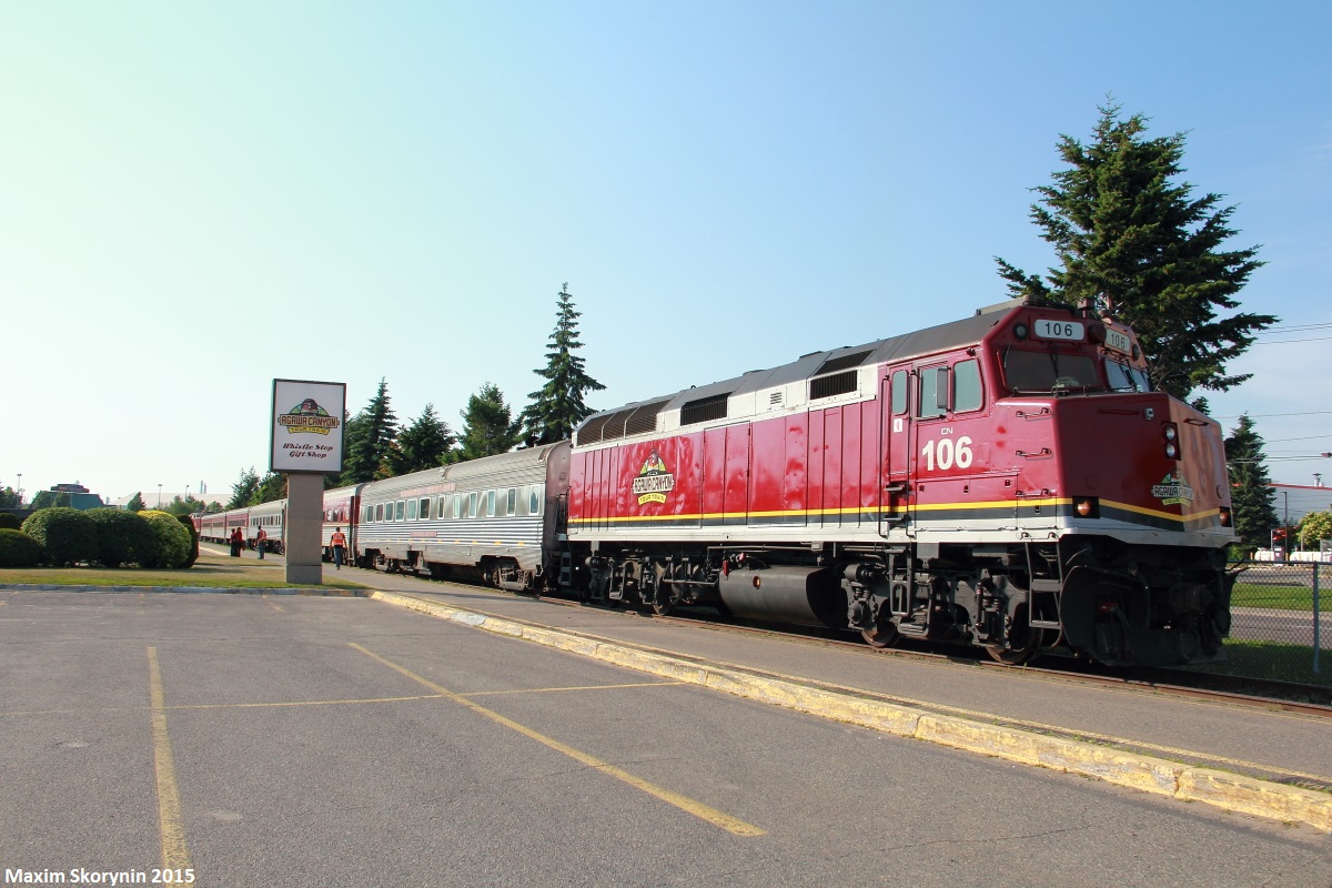 The Agawa Canyon Tour Train pulls into Sault Saint Marie station with CN (ACR) 106 in the lead.