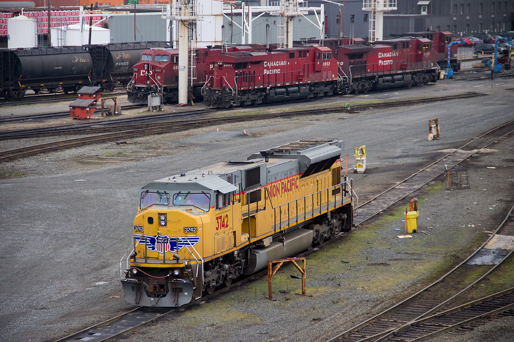 Foreign power on CP trains had become quite a common sight in Western Canada in 2014-2015, as CP had experienced a power shortage, due to leasing out over 100 GEs to BNSF. UP SD90 3742 was one example, sitting idle at CPs Coquitlam Yard. This was the first time the photographer had photographed an SD90 on CPs rails in years.