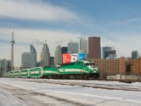 On a frigid March morning when it was far too cold to snow, GO 710 is seen trundling eastward through the USRC on Track E5. Seconds later it will pass the standby train, GO E123, most of whose crew is nestled comfortably in their cab car waiting to be called into action. GO 632 and 633 work their hardest to ascend the grade towards Danforth. This is their second of four climbs of the day; having departed Willowbrook at 0452 that morning, the consist was just five hours into its nearly 20 hour day. It would not return until after midnight.