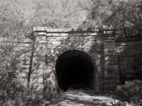 There are few tunnels in southern Ontario.  Here is the western portal of the 700 foot long tunnel built by the Great Western Railway under the third Welland Canal (the current canal is the fourth), between locks 18 & 19. It was faced with local limestone and known as the Merritton Tunnel when it was opened in 1887.  After about ten years of use, the mainline (was it known as the Grimsby Sub in those days?) was double tracked and a swing bridge, still in use today, was built.<br><br> Here is a picture of this bridge still spanning the no longer used third canal: <a href=http://www.railpictures.ca/?attachment_id=18395 target=_blank> http://www.railpictures.ca/?attachment_id=18395</a><br><br>  The tunnel was abandoned in 1915, and since this photo was taken, I believe it has been walled up.  Even when accessible you could not pass through the tunnel, as it has flooded at its lowest point.  And being built on a curve you can’t see through it either.<br><br>   Known locally as the ‘Blue Ghost Tunnel’, this is likely due to the number of deaths that it has caused.  According to reports, over a hundred men died in its construction, which seems like a lot given its short length and that tunnelling technology was well established by the late 19th century.  And in 1903 a head-on collision, apparently on the approach to the western portal, killed the firemen on both locomotives.<br><br> Here is the account from the St. Catherines Daily Standard, January 3rd 1903. <i>"BAD TRAIN WRECK, No.4 Express Collides with a light Mogul Near Merritton Tunnel." "On the Grand Trunk rail line near Merritton a serious and fatal accident occurred near the Merritton Tunnel today. The accident occurred around 7:03am at a point about 100 yards from the tunnels western entrance. Engine Number 975 was an 80 ton mogul train to leave from Niagara falls at 6:00am each morning and run through to Hamilton . Engine Number 4 express train was one of the best and fastest trains on the G.T. R. and was scheduled to arrive in Merritton at 6:28am. The Engineer's name was Duke and the fireman that manned the boiler was Abraham Desult both from Sarnia. As nearly as can be learned it was 7:03 am when the ill-fated express train passed a small telegraph station near the tunnel, A few moments later and almost one third of a mile down the track the engine of the express train and the light mogul train met with a terrible crash. Both engines at the time of the collision were in full steam when they met head on. The accident happened on a sharp curve where both engineers could not see each other for a distance of 200ft. The estimated speed of both trains were about 22MPH at the time of the collision. Both engineers escaped with only broken limbs and minor cuts to face and arms while Mr. Charles Horning (firemen) for the express train was killed instantly. The reporter described the condition of the body as being jammed between the boiler and tender, his body was horribly mangled. When rescuers went to pull on the limbs of the man to try to free him they broke off. When some of the remains were taken away, his mid section was so tightly wedged between the tender and boiler that his remaining body could not be pulled free. It was even noted that his watch on one of his arms was still working...... The other firemen (Abraham Desult) from the mogul train was smashed into the boiler of the train, and received burns to 90% of his body. He was rushed to the St.Catharines General Hospital were he died 5 hours after the accident." </i>