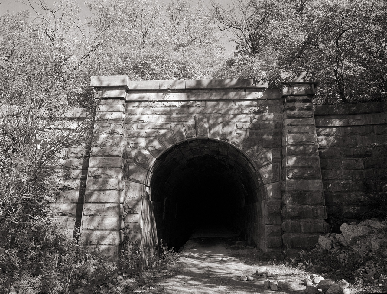 There are few tunnels in southern Ontario.  Here is the western portal of the 700 foot long tunnel built by the Great Western Railway under the third Welland Canal (the current canal is the fourth), between locks 18 & 19. It was faced with local limestone and known as the Merritton Tunnel when it was opened in 1887.  

After about ten years of use, the mainline (was it known as the Grimsby Sub in those days?) was double tracked and a swing bridge, still in use today, was built. There is a picture here of this bridge still spanning the no longer used third canal: http://www.railpictures.ca/?attachment_id=18395  

The tunnel was abandoned in 1915, and since this photo was taken, I believe it has been walled up.  Even when accessible you could not pass through the tunnel, as it has flooded at its lowest point.  And being built on a curve you can’t see through it either.   Known locally as the ‘Blue Ghost Tunnel’, this is likely due to the number of deaths that it has caused.  According to reports, over a hundred men died in its construction, which seems like a lot given its short length and that tunnelling technology was well established by the late 19th century.  

And in 1903 a head-on collision, apparently on the approach to the western portal, killed the firemen on both locomotives.  ,

Here is the account from the St. Catherines Daily Standard, January 3rd 1903.

"BAD TRAIN WRECK, No.4 Express Collides with a light Mogul Near Merritton Tunnel." 

"On the Grand Trunk rail line near Merritton a serious and fatal accident occurred near the Merritton Tunnel today. The accident occurred around 7:03am at a point about 100 yards from the tunnels western entrance. Engine Number 975 was an 80 ton mogul train to leave from Niagara falls at 6:00am each morning and run through to Hamilton . 

Engine Number 4 express train was one of the best and fastest trains on the G.T. R. and was scheduled to arrive in Merritton at 6:28am. The Engineer's name was Duke and the fireman that manned the boiler was Abraham Desult both from Sarnia. As nearly as can be learned it was 7:03 am when the ill-fated express train passed a small telegraph station near the tunnel, 

A few moments later and almost one third of a mile down the track the engine of the express train and the light mogul train met with a terrible crash. Both engines at the time of the collision were in full steam when they met head on. The accident happened on a sharp curve where both engineers could not see each other for a distance of 200ft. The estimated speed of both trains were about 22MPH at the time of the collision. 

Both engineers escaped with only broken limbs and minor cuts to face and arms while Mr. Charles Horning (firemen) for the express train was killed instantly. The reporter described the condition of the body as being jammed between the boiler and tender, his body was horribly mangled. When rescuers went to pull on the limbs of the man to try to free him they broke off. When some of the remains were taken away, his mid section was so tightly wedged between the tender and boiler that his remaining body could not be pulled free. It was even noted that his watch on one of his arms was still working...... 

The other firemen (Abraham Desult) from the mogul train was smashed into the boiler of the train, and received burns to 90% of his body. He was rushed to the St.Catharines General Hospital were he died 5 hours after the accident."