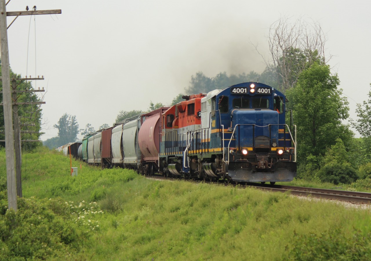 Goderich/Exeter's RLK 4001 leads RLK 2211 up to Speedvale Avenue and approaching MM54 on the Guelph Sub with a short load bound for Guelph just before the rains came.