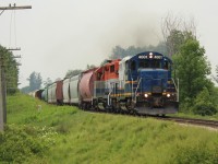  Goderich/Exeter's RLK 4001 leads RLK 2211 up to Speedvale Avenue and approaching MM54 on the Guelph Sub with a short load bound for Guelph just before the rains came.