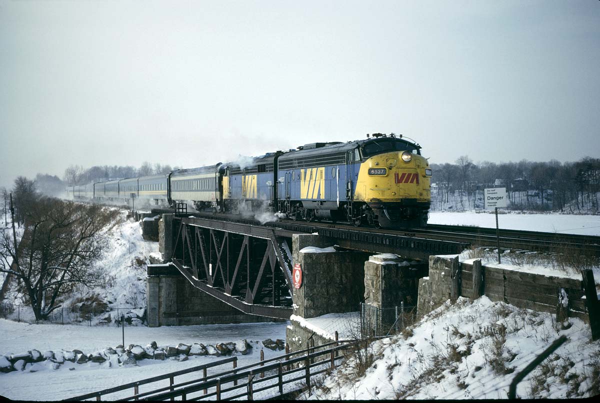 Environment Canada records show that the coldest temperature ever recorded at Toronto's Pearson airport was -31.3 °C on January 4, 1981.  It might have been a few ticks warmer here at Rouge Park along the Lakefront east of Toronto where 4 frozen railfans from Cleveland started the day instead of being home to watch the Browns lose their best shot at the Super Bowl on a play now famously known as Red-Right 88. We had spent the night in Toronto and it was a real surprise that the vinyl seats our Chevy Nova didn't crack. But it did fire up pretty strong.  The wind off the frozen lake here was brutal but we got a lot of good shots that weekend.