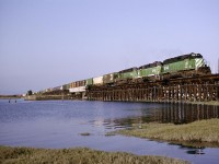 The daily southbound mixed freight crossing the Nikomekl River in the small town of Crescent Beach, BC in August 1993.  There was typically only one daily freight in and out of Canada at that time.  On one of my business trips to NW Washington, I happened to be redirected to the Vancouver airport instead of Seattle and saw this trestle and the one just to the north over the Serpentine River out the window.  I made a mental note to check them out if there was ever an opportunity to be there when there would be a train.  I got that chance on a later trip.  I remember being worried about how slow the train was going and the rising tide, but was willing to get a little wet. 