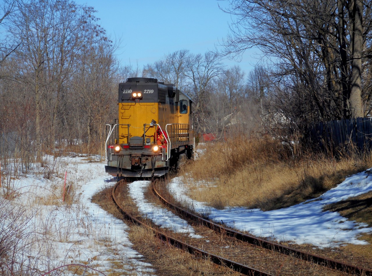 Train 582 backs around the Crimea Street wye in Guelph to turn for the run to Cambridge.