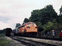 The southbound Canadian passes the UCRS "Huronia Limited" excursion in the siding At Carley. Two CN FPA-4's pulled the train over the Mactier Sub to Medonte, branching off onto the remnant of the Port McNicoll sub and then on the CN Midland sub, stopping at the Hoggs Bay trestle. The excursion was running late, so seeing the Canadian was a bonus. 