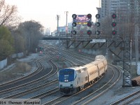 Amtrak 103 is minutes from completing its long run from New York City on a quiet evening in Toronto.