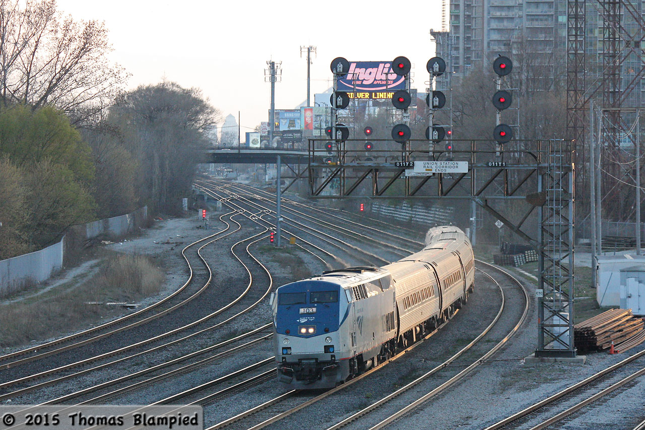 Amtrak 103 is minutes from completing its long run from New York City on a quiet evening in Toronto.