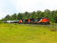 CN 330 highballs down the Strathroy Subdivison still in the early portion of its journey to Port Robsinson Ontario seen here at Sexton Road just West of Kerwood.