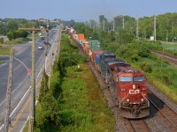 <b>Mostly manifest.</b> CP 143 is an intermodal train that runs from Montreal to Chicago, but on this day it is mostly manifest. Leading are two AC4400CW's (CP 8541 & CEFX 1054).