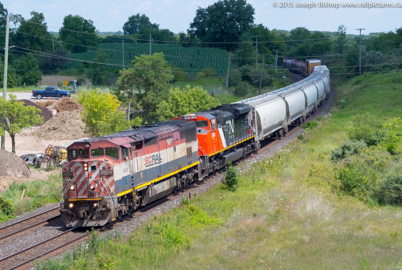 CN 331 cruises around the curve at Garden Ave on their approach to Brantford with BCOL 4604 and CN 8014.  My dad and I would chase this train to Paris and get them departing at Canning Road with quite the smoke show from CN 8014, shots of that to follow.