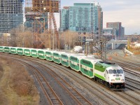 <b>GO Transit's fairly new paint scheme.</b> GOT 663 in the new paint scheme pushes a westbound at the western end of the Union Station rail corridor.