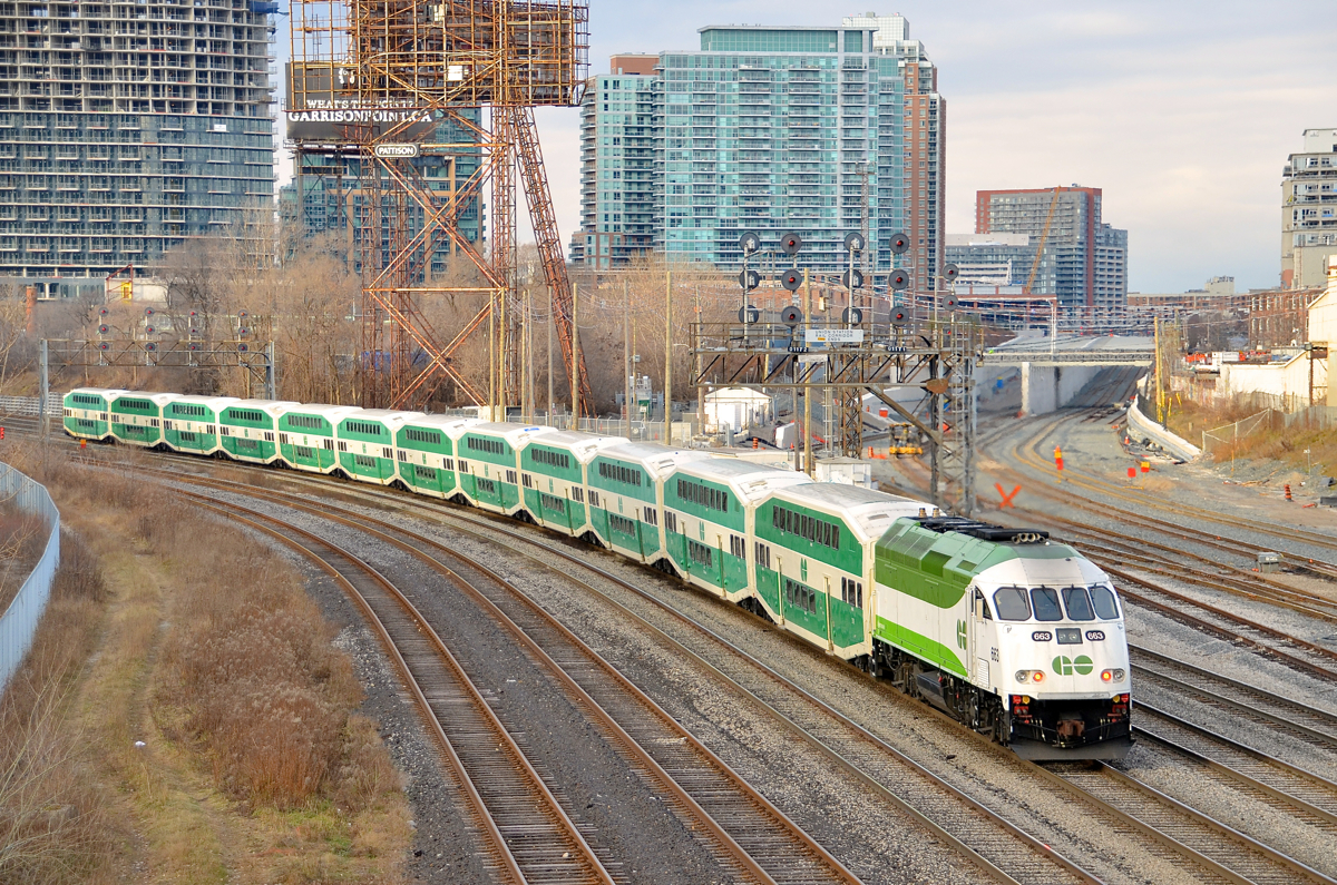 GO Transit's fairly new paint scheme. GOT 663 in the new paint scheme pushes a westbound at the western end of the Union Station rail corridor.