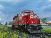 <b>End of the Loop, at the end of the evening.</b> CP 2276 is parked at the furthest section of CP's Lasalle Loop still in use just a bit before sunset. At left is a building that was once used by Seagram to produce alcoholic beverages. I believe the crew went to get dinner at this point.
