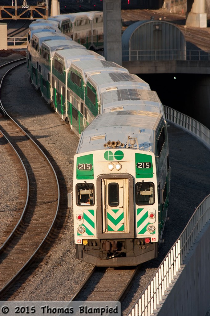 Rush hour is over for the evening and GO cab 215 snakes through the USRC towards Bathurst Street.