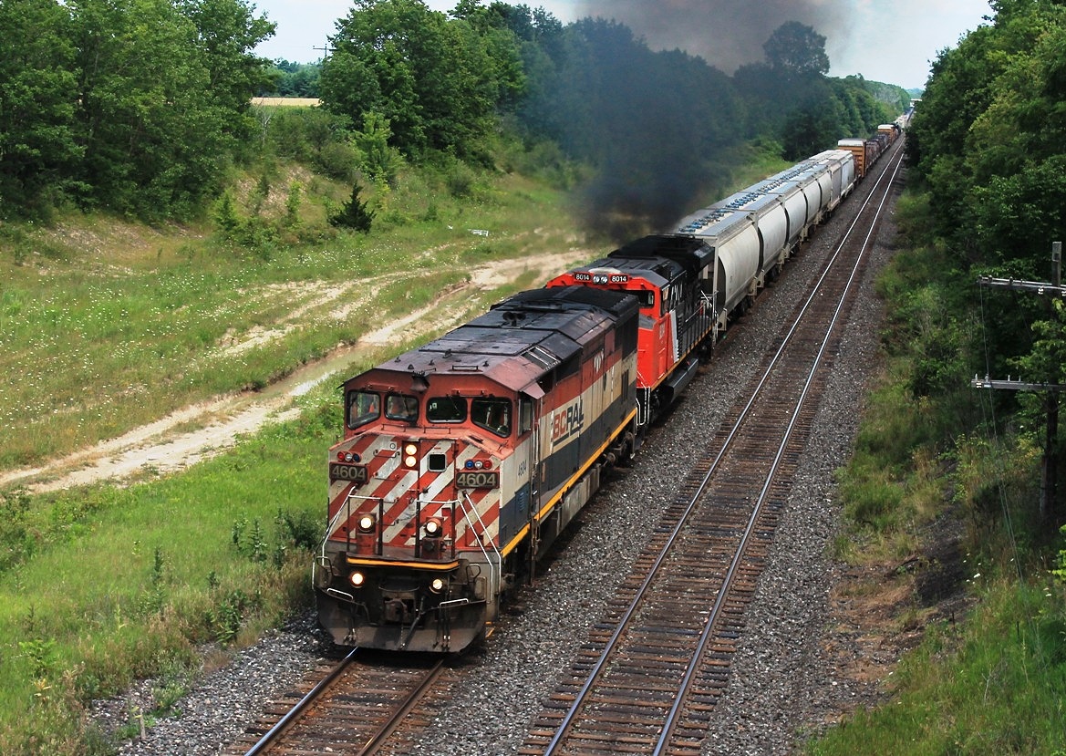 "Houston we may have a problem". Second unit 8014 is struggling as they lift the train from Paris Yard and head west uphill. Seen from Canning Rd Bridge, between Paris and Princeton, just as the sun decides to hide!