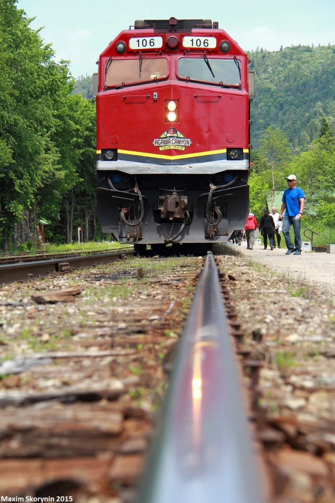 The Agawa Canyon Tour Train is idling at Agawa Canyon, its final destination 114 miles down the CN SOO Subdivision from Sault Ste Marie, with the 106 on point.