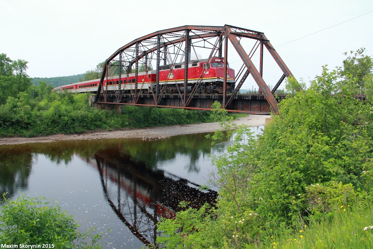 The Agawa Canyon tour train crosses a river along route 532 on its way to Agawa Canyon.