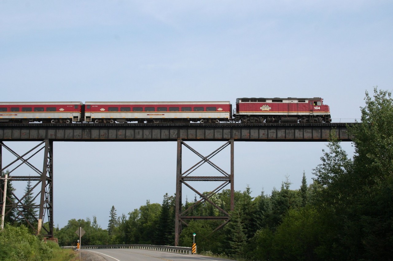 The Agawa Canyon Tour Train rolls out onto the 800 foot long, 100 foot high trestle over the Bellevue valley.